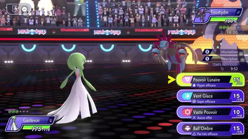 Écran de combat dans Pokémon Champions : Gardevoir contre Hyporoi