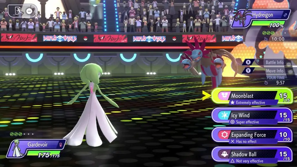 Tela de combate em Pokémon Champions: Gardevoir vs Hydreigon