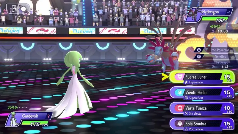 Pantalla de combate en Pokémon Champions: Gardevoir vs Hydreigon