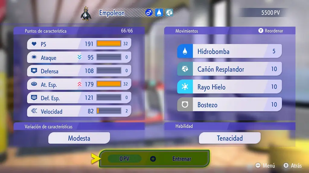 Pantalla de entrenamiento en Pokémon Champions: mejora de estadísticas y habilidades