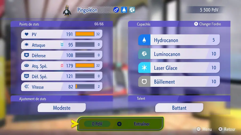 Écran d'entraînement dans Pokémon Champions : amélioration des stats et capacités