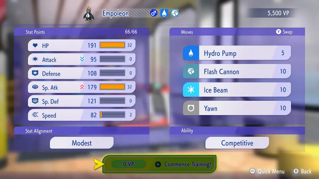 Tela de treinamento em Pokémon Champions: melhoria de stats e habilidades